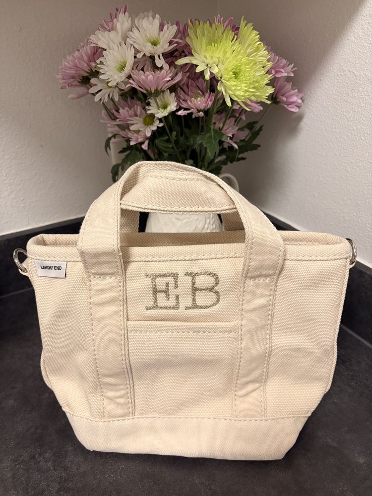 Canvas mini tote with a two-letter monogram