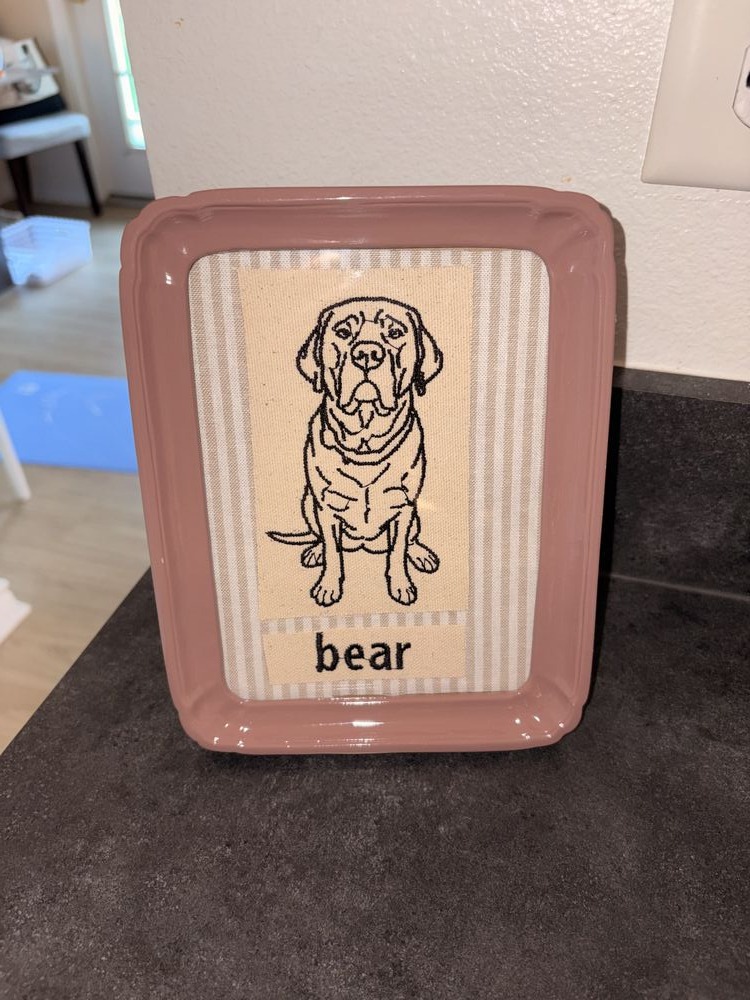 Framed fine-line pet portrait on striped cotton