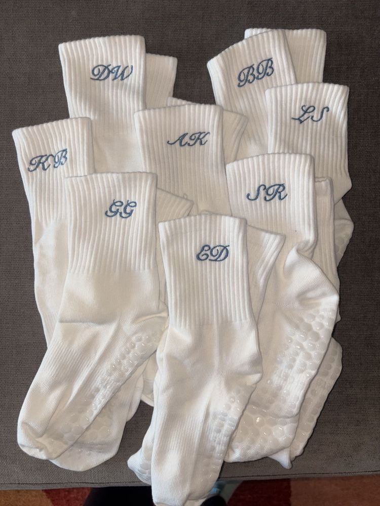 Ribbed crew socks with script initials, a bridesmaid favorite