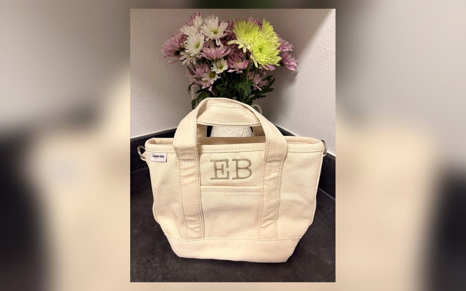 Canvas mini tote with a two-letter EB monogram