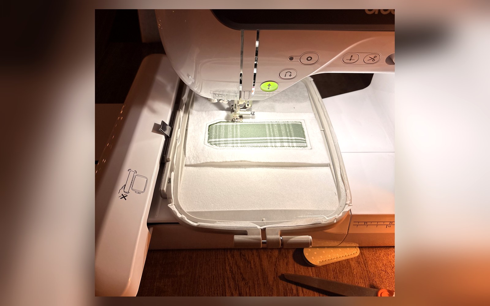 Embroidery machine mid-stitch